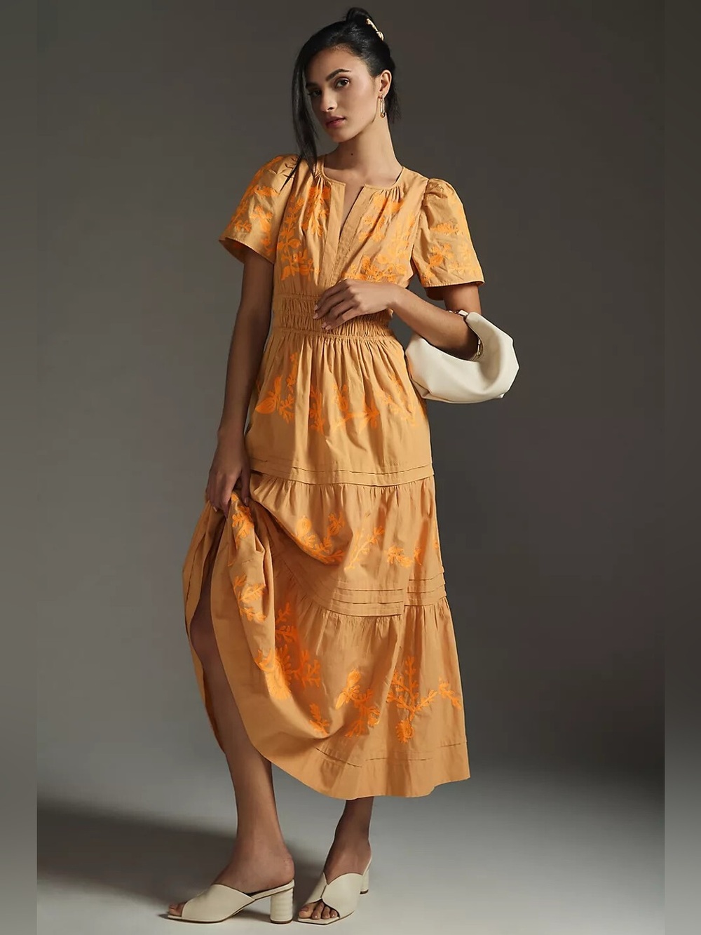 Anthropologie Embroidered Midi Dress Orange Brown Boho Smocked Waist Size Small